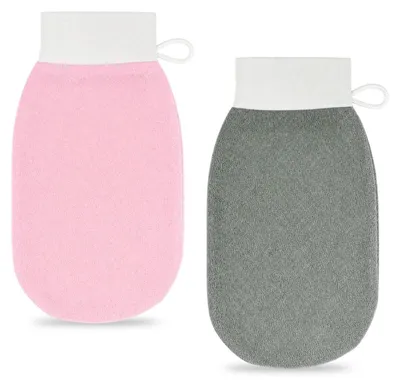 Produktbild von Peeling-Handschuhe 2er-Set Grau+Pink doppelseitig abgestorbene Haut entfernen