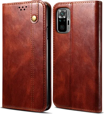A brown leather flip wallet case for a smartphone is shown from two angles.