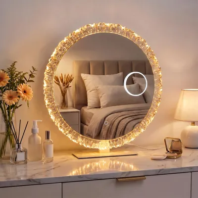 Produktbild von Rund Schminkspiegel mit LED Beleuchtung, 180° Rotation Kosmetikspiegel, Wandspiegel mit 10X Spiegel, 3 Lichtfarbe Dimmbare mit Touch-Steuerung