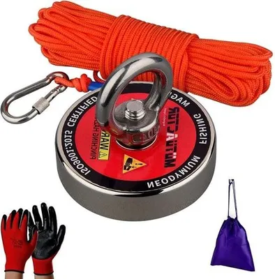 Obrázek produktu pro Neodymový rybářský magnet s tažnou silou 180 kg, magnet ze vzácných zemin s lanem a sáčkem na rukavice pro začátečníky pro lov na magnet v řece