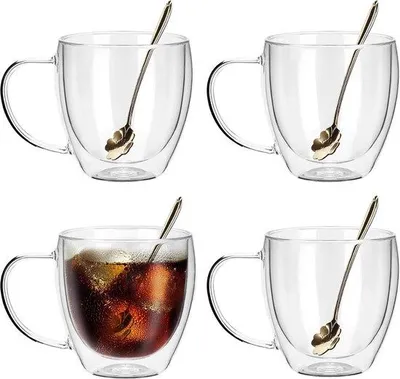 Immagine prodotto di Tazze da caffè in vetro a doppia parete - Set da 4 da 250 ml - con cucchiaini - tazze da caffè termiche per latte macchiato, caffè e altre bevande