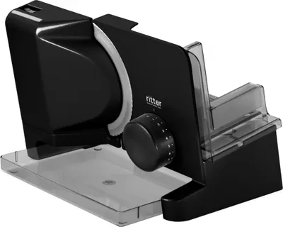A black electric food slicer with a clear plastic drip tray.