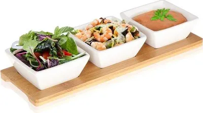 Produktbild von Famanu Set von 4 Keramischen Schalen mit Bambusplatte - Snackschalen auf Servierplatte für Frühstücksbuffet