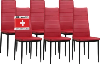 A set of six red dining chairs arranged in a studio setting with a white background.
