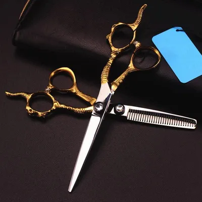 Produktbild von Haarschneideschere, 6 Zoll, aus japanischem 440C-Gold mit Schafskopf, Effilierschere und Friseurscheren-Set