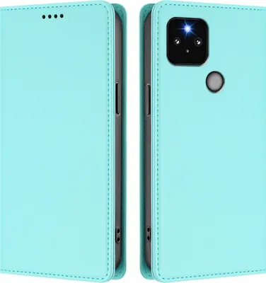 Image de Étui en cuir pour Google Pixel 5, étui à rabat magnétique en cuirPolyuréthaneavec support, vert menthe