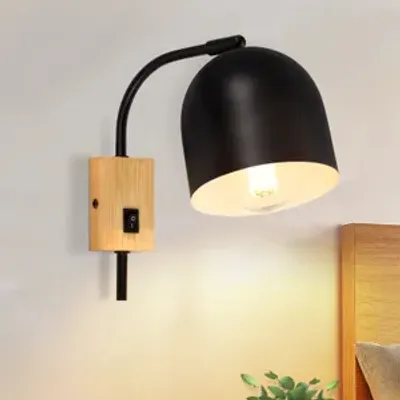 Zdjęcie produktu dla ZMH lampa ścienna czarna wewnętrzna drewniana z przełącznikiem kinkiet vintage E27 metalowy obrotowy reflektor ścienny 330° do przedpokoju pokój dziecięcy salon sypialnia schody