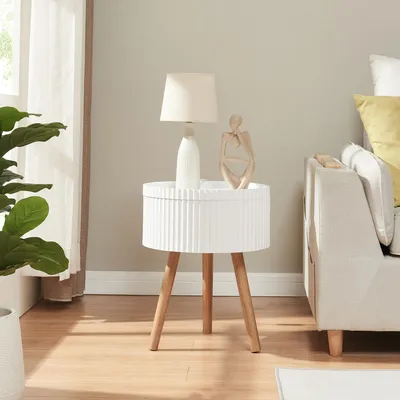 Obrázek produktu pro Odkládací stolek "Bongard" s úložným prostorem Ø38 x 48 cm s bambusovými nohami kulatá stolová deska bílá