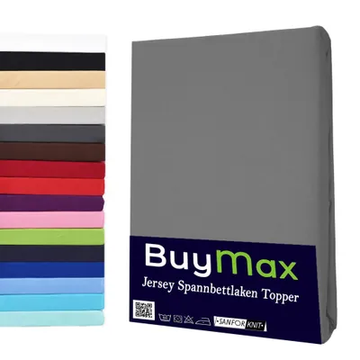 Produktbild von Buymax Topper Spannbettlaken Jersey Spannbetttuch 100% Baumwolle Bettlaken bis 12 cm Matratzenhöhe, 200x200 cm, Anthrazit-Grau