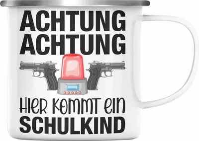 Produktbild von Trendation - Einschulung Junge Achtung Schulkind Geschenk für Schultüte Füllung Emaille Tasse Schulstart 1. Schultag Schuleinführung Schulanfang Geschenkidee 2022 (Silber)