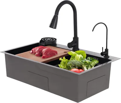 Produktbild von Schwarzes Spülbecken mit Armatur 75 x 45 cm Einbauspüle mit Tassenspüler, Schneidebrett und Abtropffläche