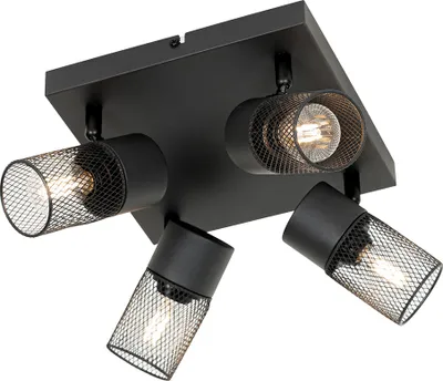 A black ceiling light fixture with four adjustable spotlights, each with a mesh shade, is shown against a white background.