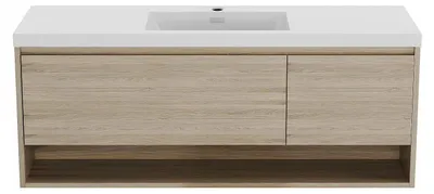 Produktbild von Waschbeckenunterschrank hängend mit Einzelwaschbecken - Holzfarben hell - 150 cm - PUJUKA