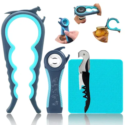 6-in-1 Deckel- und Flaschenöffner für schwache Hände, blau/grau