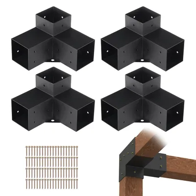 Produktbild von VEVOR Pergola Halterungskit 6''x6''(Innengröße 5.6x5.6), 2 Stück 4-Wege Schwerlast-Eckhalterung Holzarbeiten DIY Pfostenbasis-Kit, Einfache Installation Holzträger für Pavillons, Terrassen-Pergolen, Blockhaus im Freien, 4 Stück - 4x4 Zoll, Drei-Wege-a