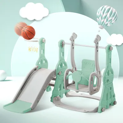 Produktbild von Merax Kinderrutsche, 4 in1 Rutsche mit Basketballständer, Kletterleiter und Schaukel, Spielplatz Gartenrutschefür In- und Outdoor, Grün