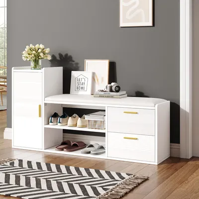 Image de okwish Meuble à chaussures ouvert avec poignées métalliques et séparateurs réglables, banc à chaussures avec 2 tiroirs et 1 armoire, blanc