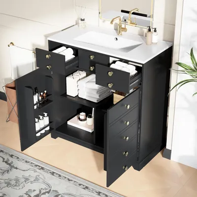 Obrázek produktu pro okwish skříňka pod umyvadlo s keramickým umyvadlem, moderní design, úložný prostor se zásuvkami a přihrádkami, pro koupelnu, černá