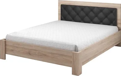 A bed frame with a mattress and a tufted headboard, shown against a white background.