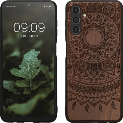 Produktbild von kwmobile Hülle kompatibel mit Samsung Galaxy A04s Hülle - Holz Case - Handy Cover - TPU Handyhülle in Dunkelbraun Indische Sonne