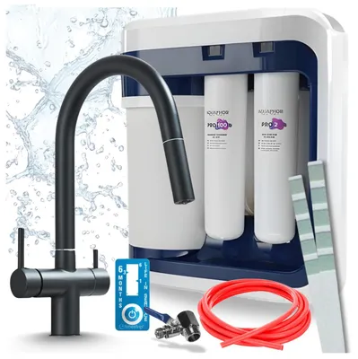 Produktbild von Ari 3-Wege-Küchenarmatur Slender, Schwarz Matt, Ausziehbare Spültischarmatur Im Set Mit Aquaphor Ro-202S Pro Wasserfiltersystem