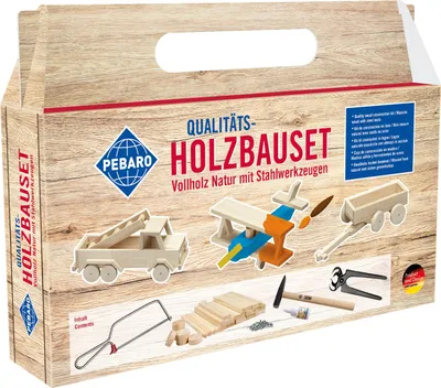 Produktbild von Pebaro 465 Holzbauset im Tragegriff-Karton, 21 Teile, praktische Kofferverpackung, für kreative Baumeister, inkl. Vollholz Naturstäben und Werkzeug, Basteln, Geschenkidee für Kinder