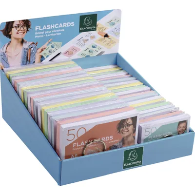 Produktbild von Exacompta 10380E Flashcards/Lernkarten, Display mit 38 x 50 Flashcards + Ring, eingeschweißt, liniert, A6 und A7 - Farben sortiert