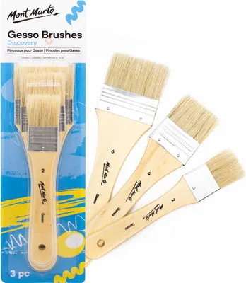 Produktbild von Mont Marte - Malpinsel Set mit 3 x Qualitäts-Gesso-Pinsel, Flachpinsel in Größe 2, 4 und 6, Holzgriff & Memoryborsten, für Lasuren & Grundierung