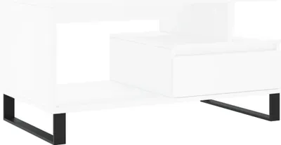A modern white media console with black legs shown against a white background.