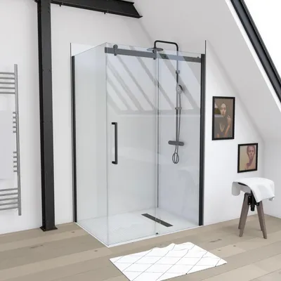 Image de Paroi de retour pour Paroi porte de douche type industriel NOIR MAT - 80x200cm - verre trempe 8mm