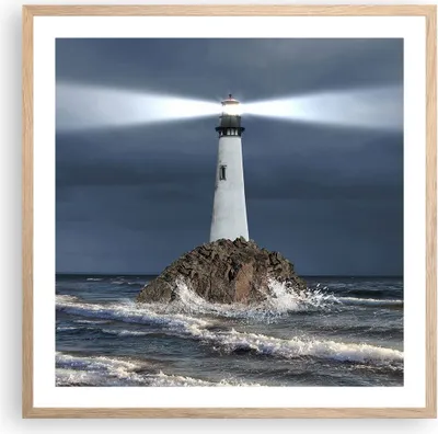 Produktbild von Gerahmtes Poster - Rahmen in heller Eiche - Leuchtturm Meer - 60x60 cm - Wand Bild - Wanddeko - Wandbilder - Kunstposter - Wandposter - Bilderrahmen - Bilder - Kunstdruck - Wandbild - P2NAC60x60-3550