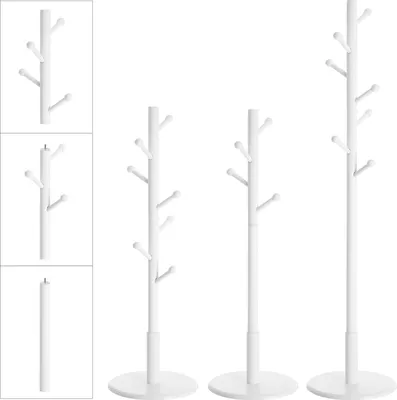 Three white coat racks of varying heights are displayed against a white background. The coat racks have a tree-like design with multiple branches for hanging items.