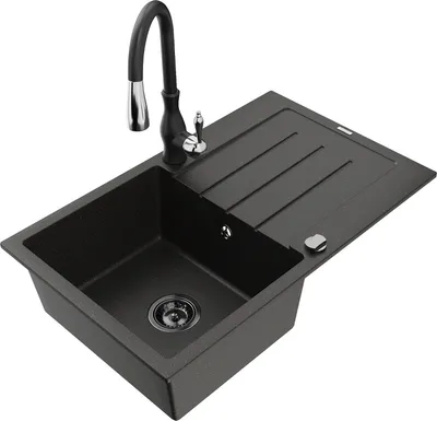 Produktbild von Mexen Bruno 1 Becken-Granitspüle mit Abtropffläche und Mischbatterie Savita, Schwarz/Gold metallisch - 6513-75-672601-70-B