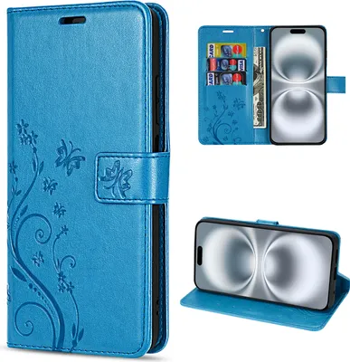 Produktbild von iPhone 16 Plus Handyhülle – Klapphülle Schutzhülle Tasche mit Magnetverschluss & Kartenfächern Blau