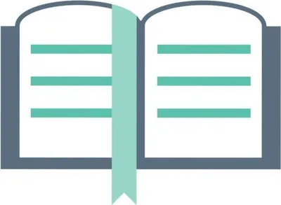 A stylized illustration of an open book with a bookmark.