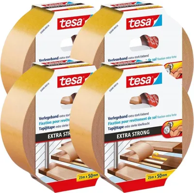 Imagen del producto de Cinta adhesiva de doble cara Tesa, extra fuerte para alfombras, 25 metros x 50 mm, muy resistente, pack de 4