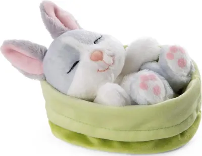 Produktbild von NICI Kuscheltier Sleeping Pets Hase grau 12cm im grünen Körbchen