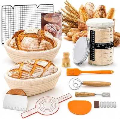 Produktbild von Sauerteig-Starter-Set mit 23 cm rundem und 25 cm ovalem Banneton, komplettes Zubehör für die Brotbackerei, Brotteig-Gärkorb mit Glas, Brotback-Set