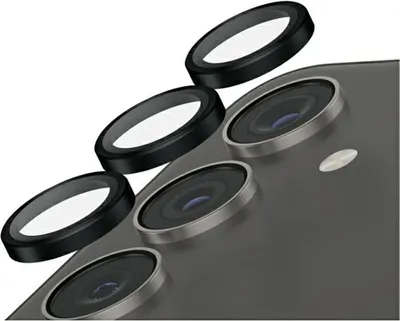 A close-up view of a smartphone's camera lenses with protective lens covers hovering above them.