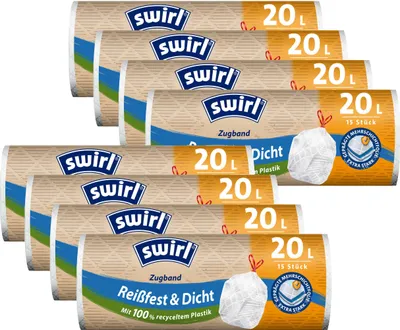 Produktbild von 8x Swirl Zugband Müllbeutel 20L ( 15 stk./ Rolle )