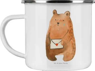 Produktbild von Mr. & Mrs. Panda Emaille Tasse Bär Liebesbrief - Weiß - Geschenk, Teetasse, Kaffeepott, Freund, Freundin, becher, Teddy, Partner, Sehnsucht, Haferl, Pott
