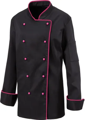 Produktbild von Damenkochjacke langarm, taillert, Fb. schwarz, Paspel hotpink, Gr. S : S : hot pink : 65% Polyester 35%Baumwolle 220 g/m²