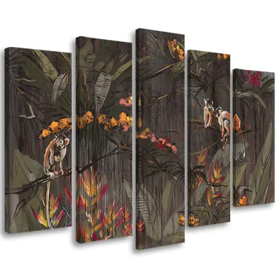 Produktbild von 5-teiliges leinwandbild dschungel affen 150x100 cm Feeby grau wandbild bereit zum aufhängen