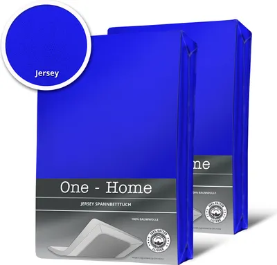 Two blue fitted sheets are packaged and displayed against a white background. A circular inset shows a close-up of the blue fabric with the word "Jersey" printed below it.