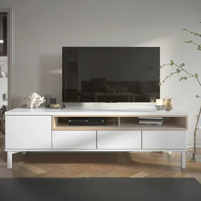 Image de Rosata - Meuble TV, 156x48x48h cm Blanc, 3 Tiroirs
