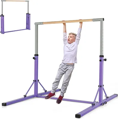 Produktbild von KOMFOTTEU Kinder Turnreck, Gymnastik Bar Gymnastikstange 13 stufig Höhenverstellbar, Reckstange Turnstange aus Stahl & Holz, Violett