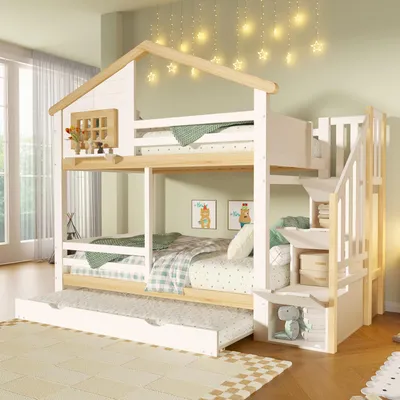 Produktbild von STILVORA Etagenbett 90x200 mit Ausziehbett,Kinderbett mit Stauraumtreppe&Geländer,Holzbett in Hausform mit Lattenrost,weiß(ohne Matratze)