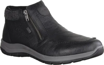 A single black leather boot with a gray sole and a zipper on the side, shown against a white background.