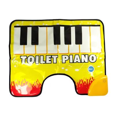 A yellow piano mat with black and white keys, designed to be placed around a toilet.