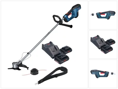 A collection of Bosch power tools and accessories, including a string trimmer, batteries, and a charger, displayed against a white background.